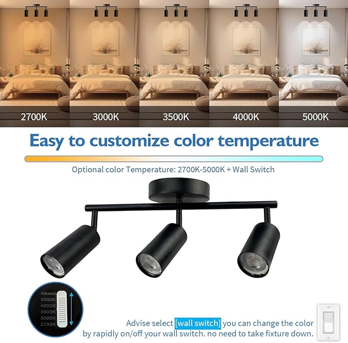 Jolux LED 3 Light Track Lighting Kit, Black 3 Way Ceiling Spot Lighting, Included 3 GU10 Bulbs 1000LM 5CCT Selectable,Flexibly Rotatable Light Head for Kitchen Gallery Art Walls Hallway Living Room