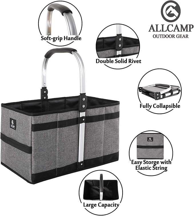 ALLCAMP Collapsible Basket - Folds to Only 9.8" L x 9.6" W x 2.75" H, 27L Large Portable Multi-Use, Compact Reusable Foldable Storage, Collapsible Shopping Basket (Gray)