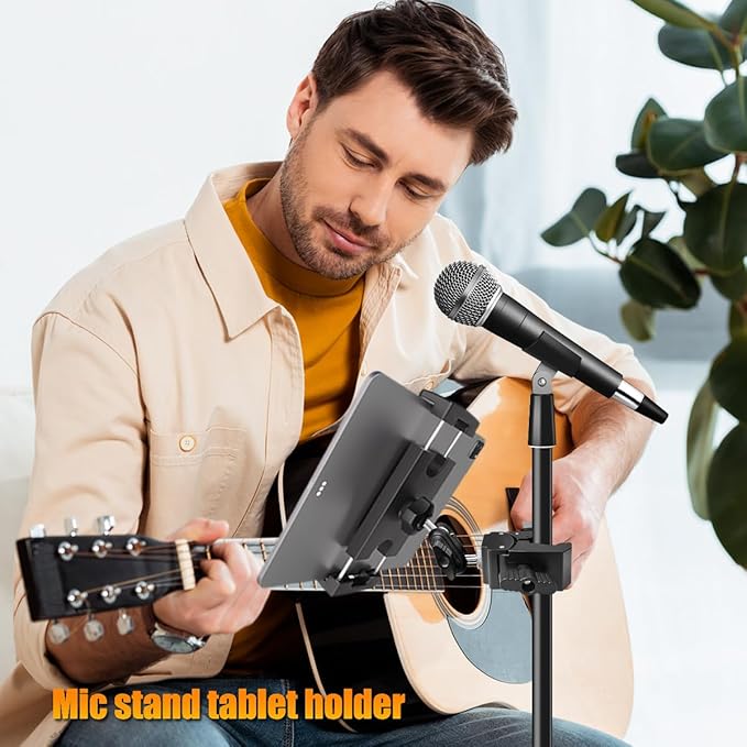 Tablet Holder for Mic Stand/Stroller/Treadmill/Wheelchair/Spin Bike/Peloton/Indoor Cycle, 360° Swivel iPad Mic Stand Mount Adjustable iPad Clamp Mount for All 4.7 to 12.9 inch Tablets Smartphones