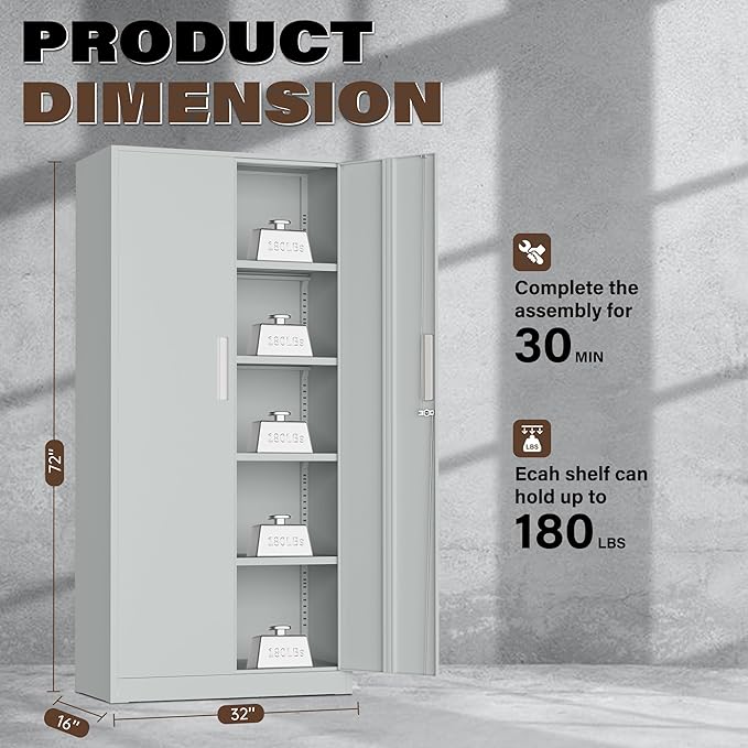 Incbruce 72” Metal Storage Cabinet, Locking Steel Storage Cabinets with 2 Doors and 4 Adjustable Shelves, Tall Lockable Tool Storages for Garage, Home, Office (Grey)