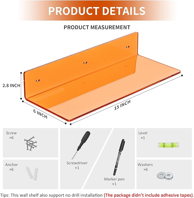 15 Inches Orange Acrylic Wall Shelves 2 Pack, L Shape Floating Shelf, Perspex Wall Mounted Shelves for Home Décor, Model Car, Candle, Calendar, Towel, Tissue