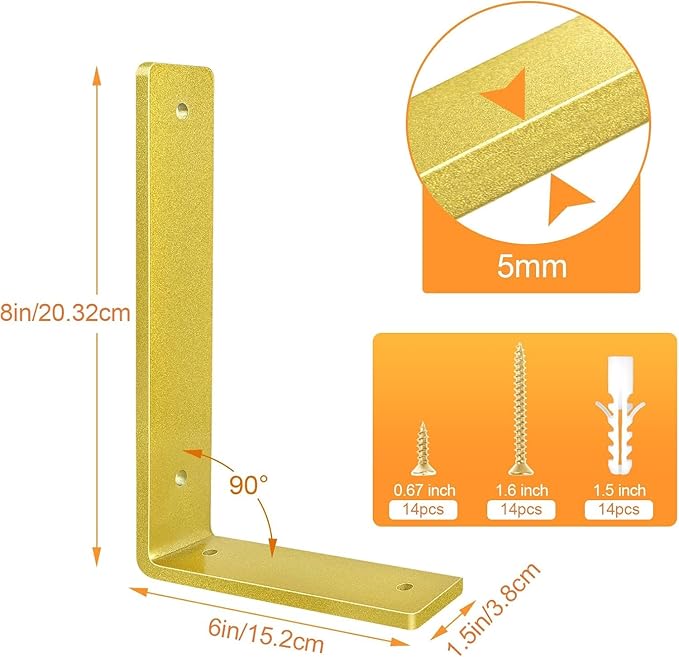 Gold Floating Shelf Bracket 8 Inch, 4 Pack Heavy Duty Shelf Brackets, Wall Shelf Bracket for DIY Decorative with Mounting Hardware