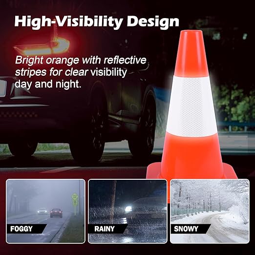 8 Pack 18 Inch Orange PVC Traffic Cones Black Base Stable Durable, Parking Lot Driveway School Training Safety Cones Multi-Purpose (8, Orange, 18 Inch)