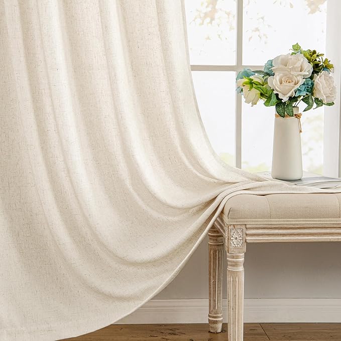 MIULEE Non-See-Through Privacy Linen Curtains 2 Panels, Light Filtering Window Curtains Farmhouse Textured Back Tab Semi Sheer Drapes for Bedroom Living Room, 52 x 90 Inches Long, Cream Ivory