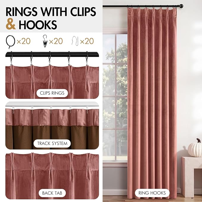 MIULEE Dusty Rose Velvet Curtains 108 inches Long, Pinch Pleated Blackout Drapes with Hooks, Thermal Insulated Pinch Pleat Panels for Bedroom Living Room, 2 Panels