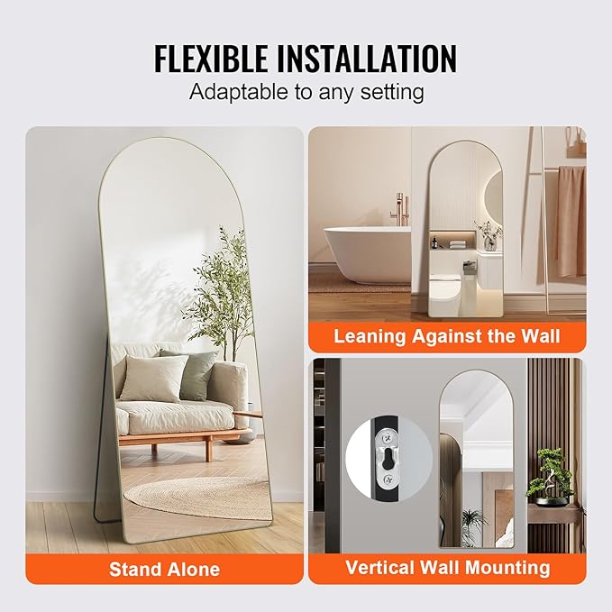 VEVOR Full Length Mirror, 71'' x 30'' Large Gold Arched Floor Mirror with Stand Aluminum Alloy Frame, Free Leaning Hanging Wall Mounted, Full Body Mirror for Bedroom Living Room