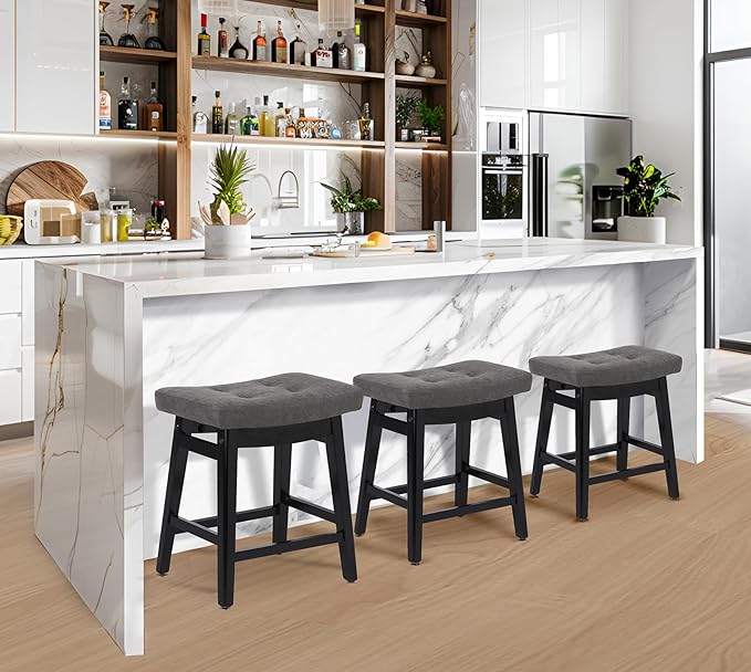 Counter Height Bar Stools Set of 3 for Kitchen Counter Farmhouse Modern Barstools with Faux Leather Upholstered Backless Seat and Solid Wood Legs 24 inch Bar Chairs, Grey + Black