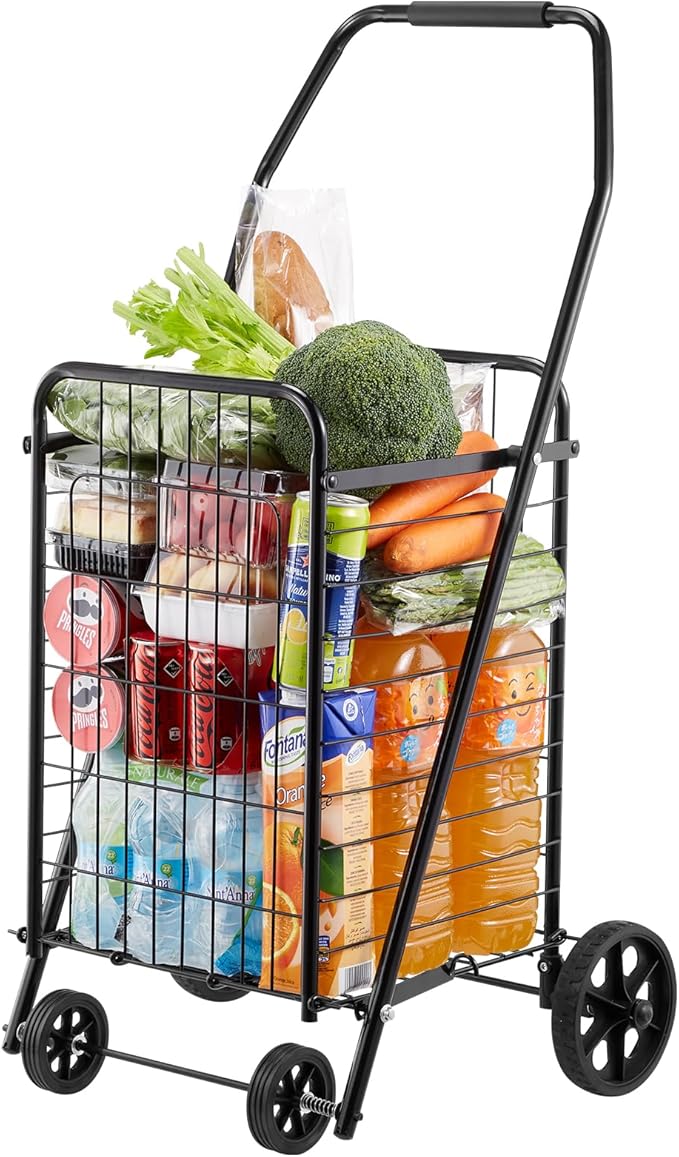 VEVOR Shopping Cart, Folding Grocery Utility Cart with Swivel Wheels, 90 LBS Large Load Capacity, Heavy Duty Rolling Laundry Basket Butler for Laundry, Shopping, Camping, Grocery, Luggage, Black