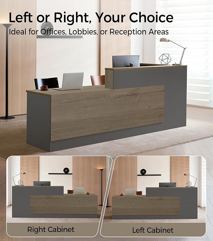 Modern L-Shaped Reception Desk with Counter - 63 inch Front Desk Reception Counter with Open Shelves, Lockable Drawer & Keyboard Tray for Office, Lobby, Checkout (Tobacco Wood + Iron Gray - Left)