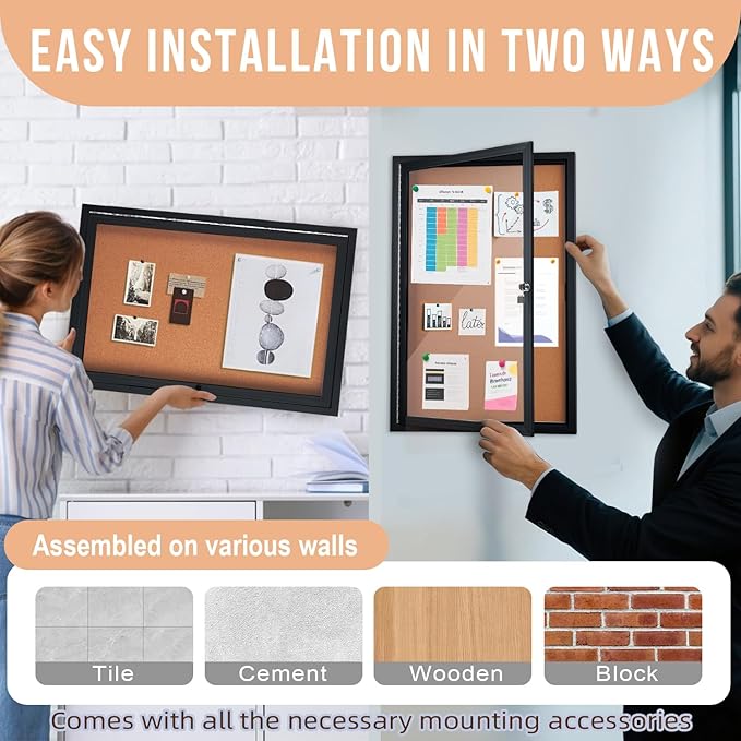 Enclosed Cork Bulletin Board 36"x24" Outdoor Weatherproof Cork Noticeboard with Locking Door Wall-Mounted Black Aluminium Frame for Home, School, Office, Community, Hospital