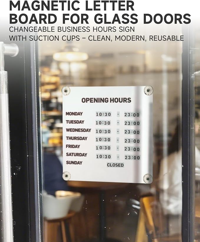 Metal Business Hours Sign with Suction Cups - Magnetic Open Closed Display Board for Storefront Window, Glass Door, Tile Wall & Counter - Changeable, Reusable & Rust-Resistant Steel Kit