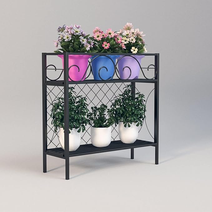 Zhongma 2 Tier Metal Sturdy Narrow Plant Stand, 35.43 L x 12.6 W x 35.43 H inch, Indoor and Outdoor Heavy Duty Metal Plant shelf for Small Spaces 440 LBS Capacity