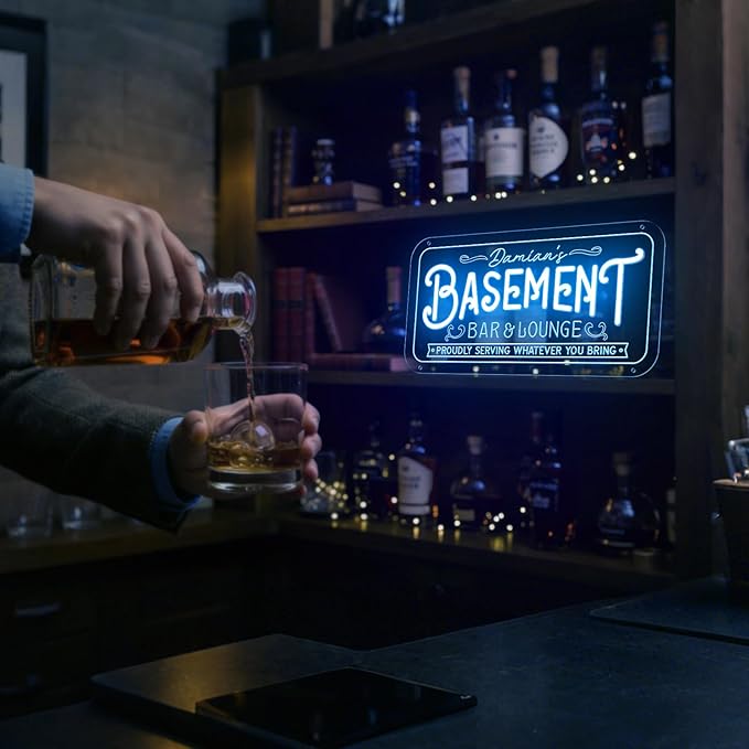 Custom Basement Neon Sign for Bar Lounge, Personalized LED Pub Light with Customizable Name Home Bar Man Cave Decor Gifts for Men Dad Husband Beer Lover(Multiple Sizes & Colors)
