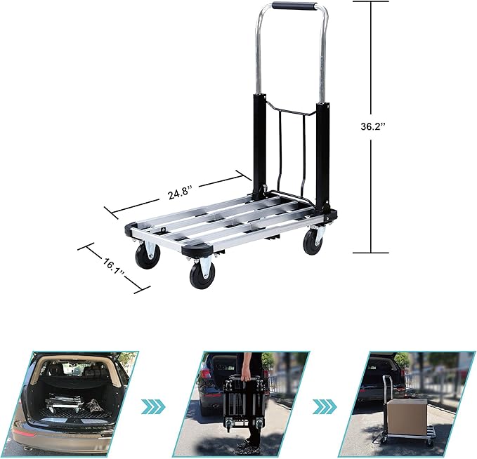 LEADALLWAY Foldable Push Cart Aluminum Alloy Platform Cart with 4-Wheel,Adjustable Length,330-LB Capacity(with 2 Ropes)