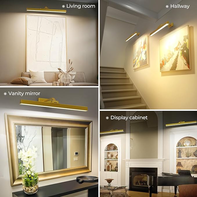 Picture Lights for Wall, 2PCS 24in Battery Operated Picture Light for Paintings CCT Dimmable Recharging Battery Wall Lamp with Remote Control for Living Room Gallery Dartboard Gold Color