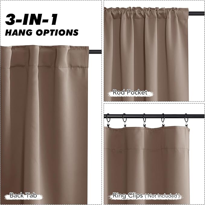 KGORGE 45 inch Curtains for Small Window, Privacy Room Darkening Drapes Thermal Insulation Noise Reducing Curtains for Bedroom Kitchen, Back Tab Rod Pocket, W52 x L45 inches, Mocha, 2 Panels