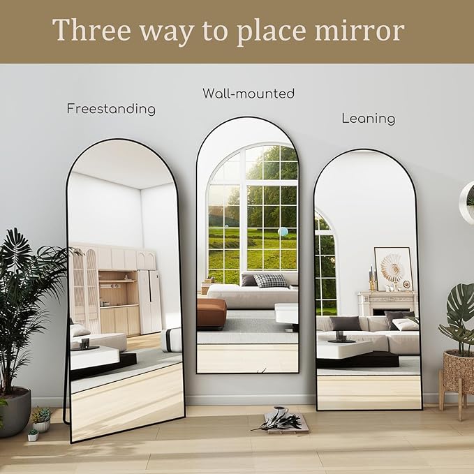 TinyTimes Full Length Mirror, 71''x30'' Floor Mirror with Stand, Arched Wall Mounted Mirror, Large Full Body Mirror with Aluminum Frame Hanging or Leaning for Bedroom, Living Room, Cloakroom (Black)