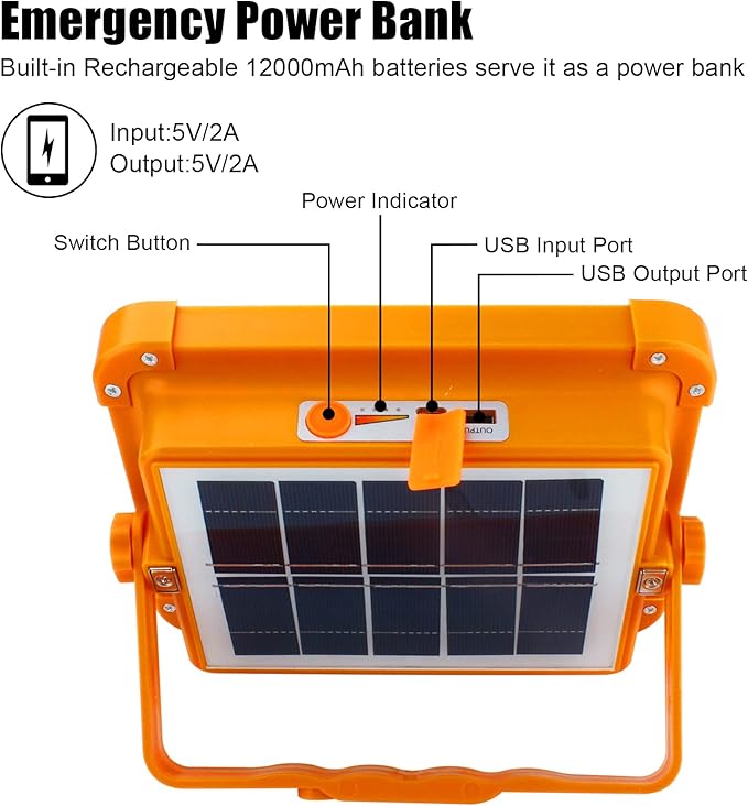 Solar Portable Camping Light with Stand, 100W 12000mAh Battery Rechargeable Light with 4 Modes, LED Cordless Flood Lights for Work, Emergency Power Failure, Car Repair