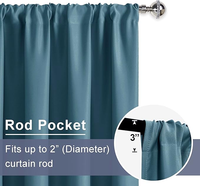 JIUZHEN Blackout Curtains for Bedroom– Thermal Insulated,Noise Reducing Room Darkening Rod Pocket Curtains for Living Room, Set of 2 Panels with Tiebacks, 42 x 72 inch Long, Stone Blue