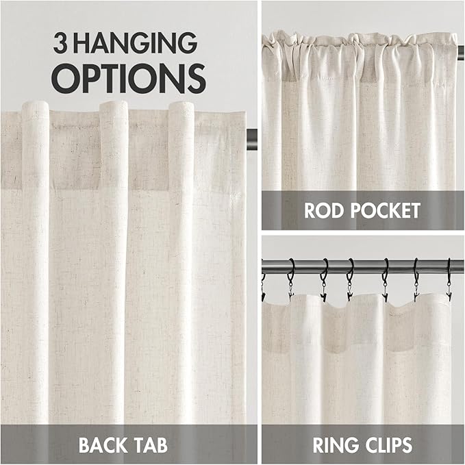 MIULEE Non-See-Through Privacy Linen Curtains 2 Panels, Light Filtering Window Curtains Farmhouse Textured Back Tab Semi Sheer Drapes for Bedroom Living Room, 52 x 72 Inches Long, Natural White