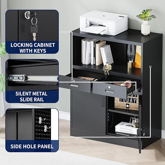 Yizosh Metal Storage Cabinet with 2 Drawers and Locking Doors,- 41.3" Steel Lockable Storage Cabinet with Shelves for Home Office,Garage,School (Black)