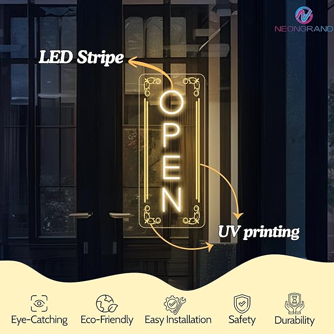 Vertical LED Open Signs for business – Super Bright - UV Printing Pattern, Remote Included - Large Size 12x30'' - Neon Open Sign for Café, Bar, Shop & Business Sign (Warm White)