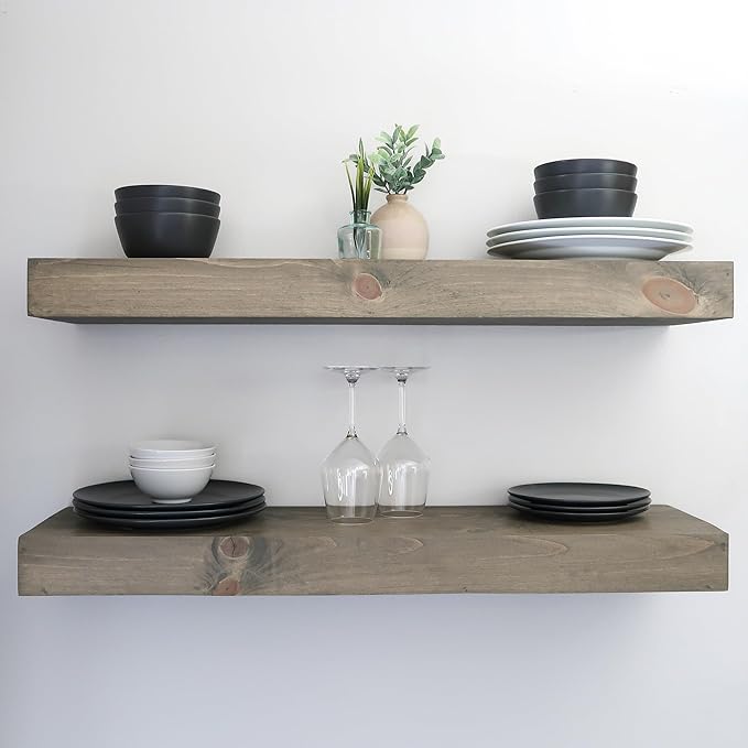 Urbandi Modern Floating Shelves 3 Inches Thick for Wall, Wide Shelves for Kitchen, Living Room, Bedroom, and Bathroom, Natural Pine Wood, Rustic Wooden Shelf, (Set of 2) (Aged Barrel, 24Lx3Hx6D)