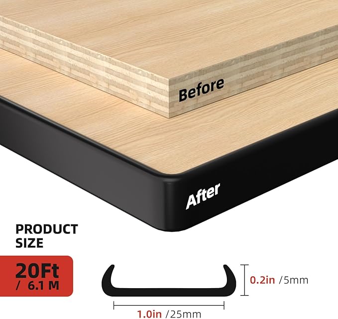 U-Shape Edge Banding, 1 inch x 20ft Edge TPE Self Adhesive Veneer Edging Trim Flexible Edge Protector, Strip for Countertop Cabinets Table Restoration Shelves, Black