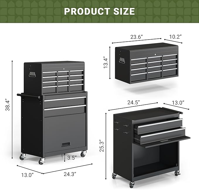 VIWAT Tool Chest, 8-Drawer Rolling Tool Storage Cabinet with Enhanced Packaging, Detachable Top Tool Box, Metal Tool Cart with Hooks and Liners, for Garage, Workshop, Black