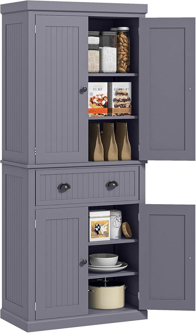 HOMCOM 72" Traditional Kitchen Pantry Cabinet, Freestanding Tall Storage Cabinet with 4 Doors, Drawer and 3 Adjustable Shelves for Dining Room, Navy Blue