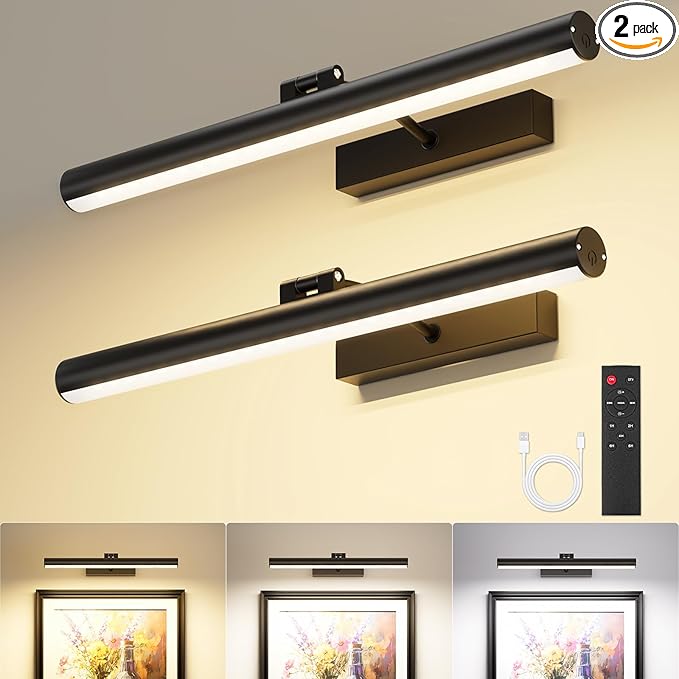 VOLISUN 16 inch Picture Lights for Wall, Rechargable Picture Light Battery Operated, 3 Color Temperatures Cordless Picture Light with Remote, Art Light for Paintings, Gallery, Portrait, 2 Pack (Black)