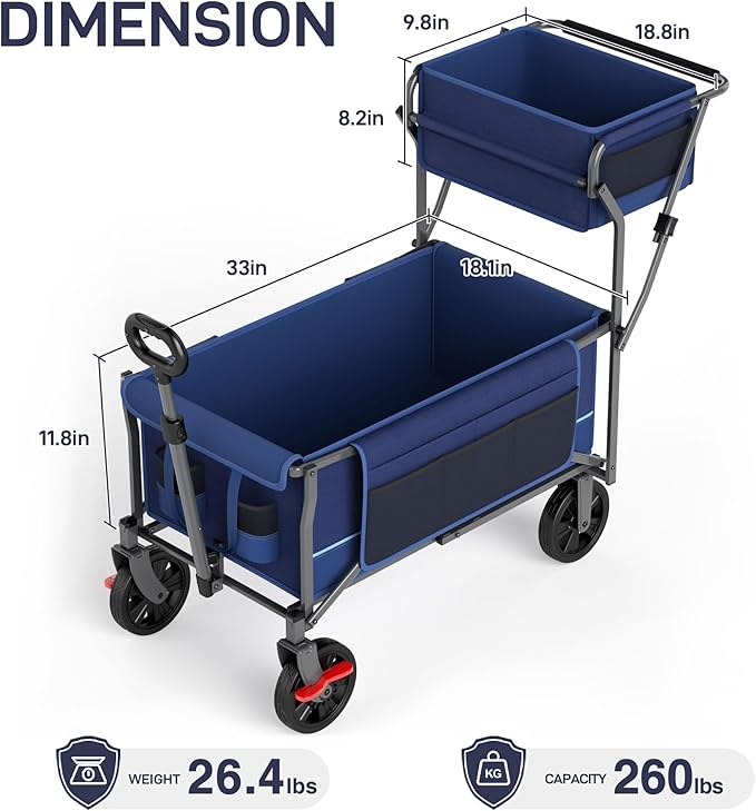 EVER ADVANCED Collapsible Push & Pull Shopping Cart with Wheels & Brakes, Foldable Wagon for Groceries with Practical Basket, Side Pockets & Cup Holders, Beach Utility Rolling Cart for Camping, Blue