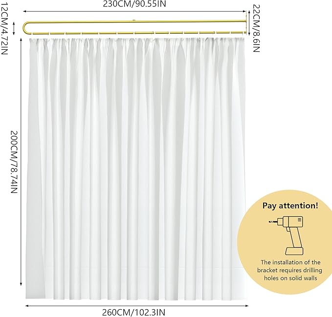 Privacy Curtains for Room Divider, Metal Support Wall Mounted Privacy Curtain, U-Shape Portable Room Divider Curtains for Fitting Room Beauty Salon Bedroom and Hospital,1 Panel, 8.53ft (White)