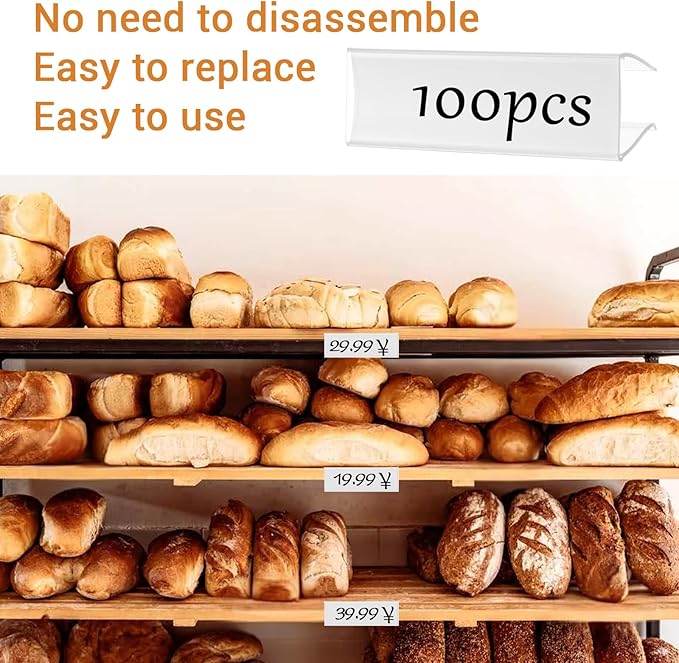 100 Pcs of 3" x 1" Clear Plastic Shelf Label Holders with 100 Label Inserts. Slide-in Tags Holder for Bookshelves, Wood Shelf Signs, Ticket Holders, and Wire Shelving.