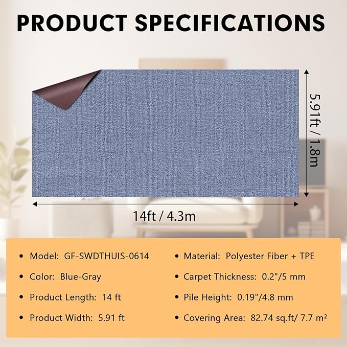Marine Carpet,6 FT x 14 FT Blue-Gray Indoor Outdoor Carpet 0.2" Thick Boat Carpet with Water-Proof TPE Backing, Non-Slide Outdoor Marine Carpet Roll for Home, Patio, Porch, Deck
