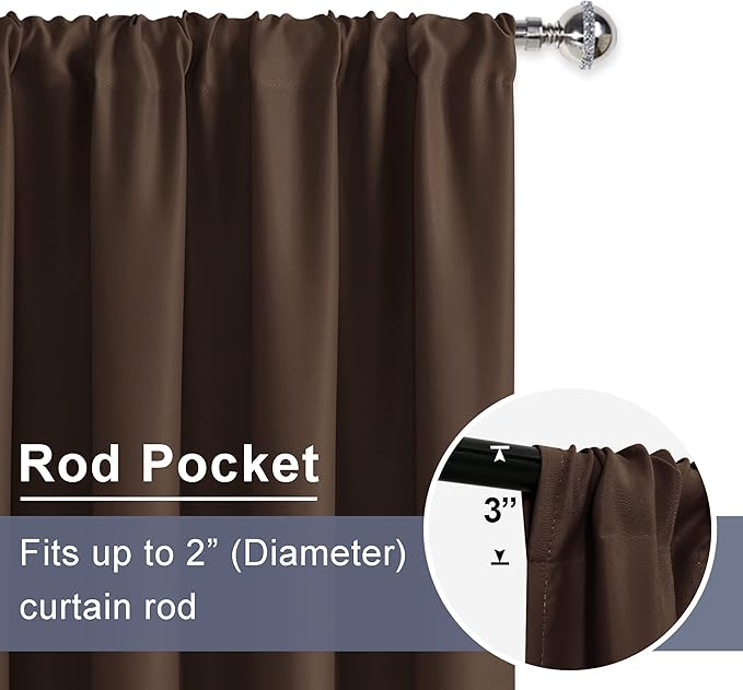 JIUZHEN Blackout Curtains for Bedroom - Thermal Insulated Room Darkening Rod Pocket Curtains for Living Room, Set of 2 Panels with Tiebacks, 38 x 54 Inch Length, Brown
