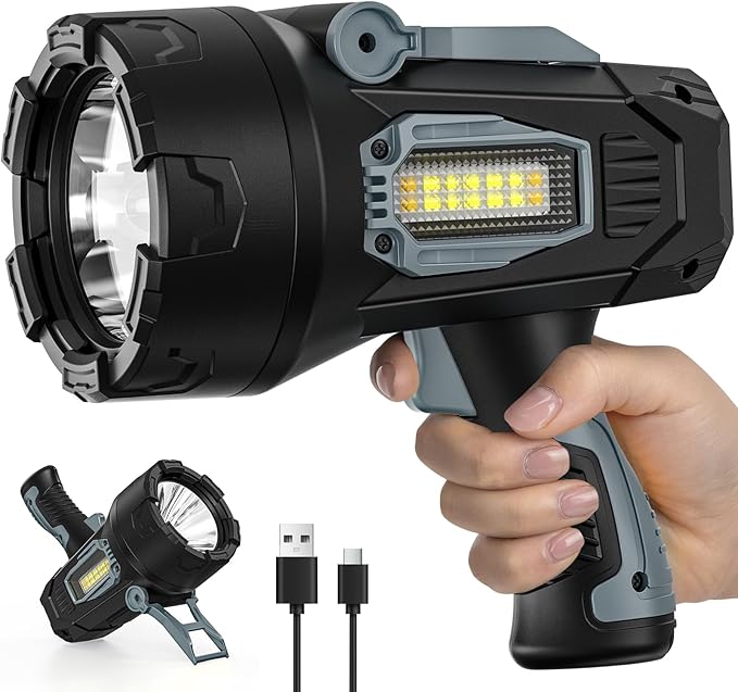 Rechargeable Spotlight, 99000 Lumens Super Bright Led Spotlights Flashlight with Cob Light, 10000ɱAh Spot Lights, Handheld Spotlight for Hunting Boating Outdoor, Long Runtime