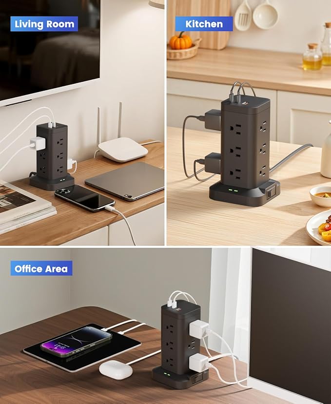 15-in-1 Power Strip Tower with Surge Protector 1800J, Fast Charging Tower PD20W USB-C Ports with 12 AC Outlets, 9.8ft Extension Cord for Home Office Dorm Room, Black