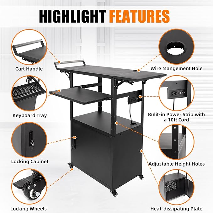 Large Mobile AV Cart with Locking Cabinet and Drop Leaves, Height Adjustable Steel AV Cart with Wheels and Power, Rolling Computer Cart with Pullout Keyboard Tray for Office, Warehouse&Classroom