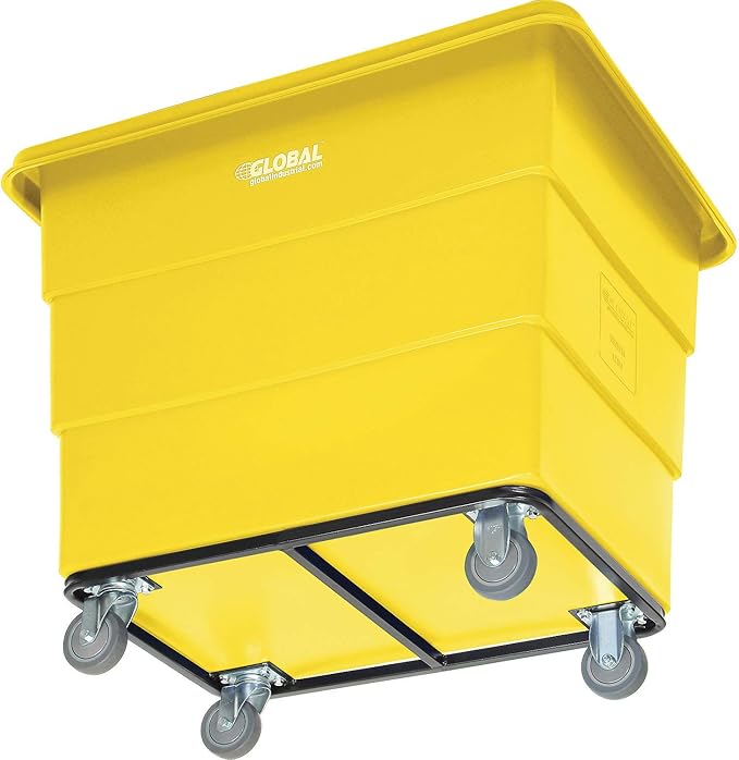 Global Industrial 12 Bushel Plastic Bulk Box Truck, Steel Chassis Base, 1000 lbs. Capacity, 4" Non-Maring Rubber Casters, Yellow, 38-2/5"L x 28-9/10"W x 33" H