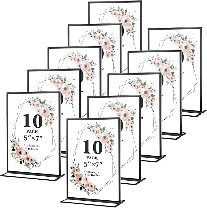 10 Pack 5x7 Acrylic Sign Holders, Double Sided Vertical Stand Clear Picture Frames, Wedding Table Numbers Frames for Party, Restaurant Signs and Office Photos, Black