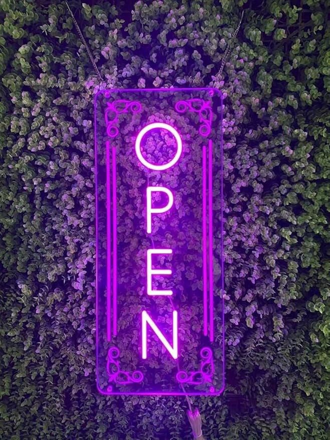Vertical LED Open Sign - UV printing Pattern, LED Open Signs for business – USB Powered Neon Wall Light, Neon Sign for Shop, Window, or Business Use (7x16.5'', Purple)