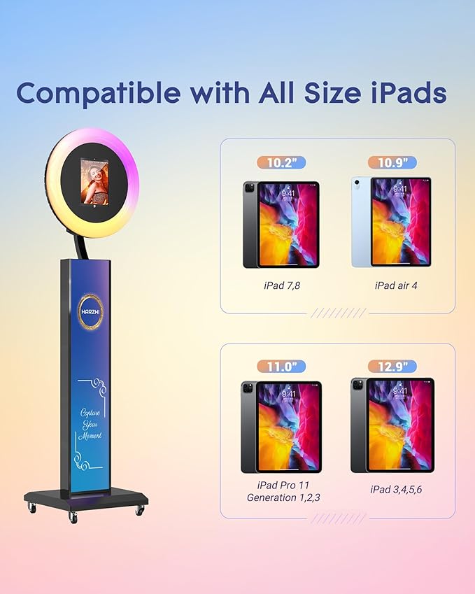HARZHI Portable Photo Booth Compatible with Ipad, Large Lightbox Ipad Photo Booth for Christmas Wedding Party Provide ChackTok Software APP VIP, Free Custom Logo, Flight Case