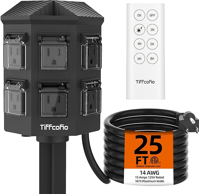 TiFFCOFiO Outdoor Power Strip with 25FT Extension Cord, Remote Control Dusk to Dawn Light Timer Waterproof, 6 Grounded Outlets for Halloween Inflatables and Decorations, ETL Listed