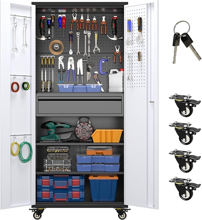 Aobabo Garage Storage Cabinet with Wheels, Metal Tool Storage Cabinet with 1 Drawer for Home,Assembly Required,Black&Grey
