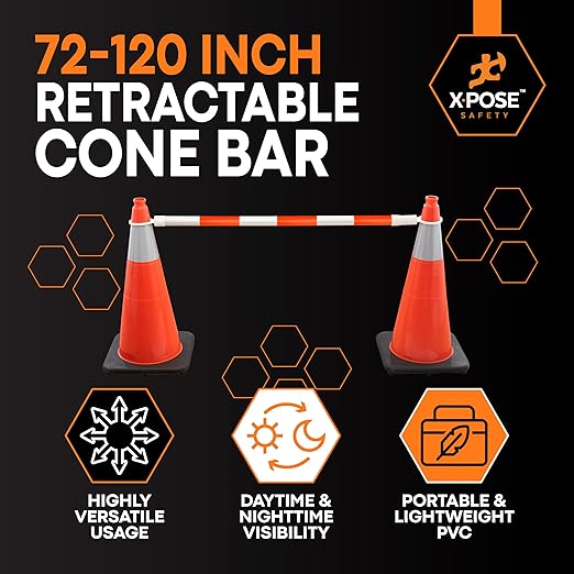 Retractable Barrier for Safety Traffic Cones - 2" OD - Large Yellow and Black Bar Barricade - for Road Construction, Parking, Warning, Temporary Security Divider (6, Orange & White, 72" x 120")