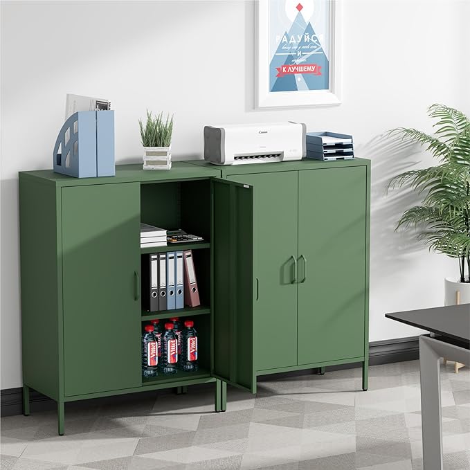 Metal Storage Cabinet with Doors and Shelves,Multipurpose Storage Rack, 3-Tier Shelf,Metal Locker Style Accent Cabinet for Home Office,Living Room,Kitchen (Forest Green, 40''H)