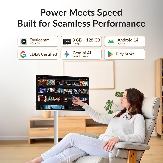 27" Smart Portable TV on Wheels, 16-Hours Playtime, Rolling TV with 8GB+128GB, Android 14, EDLA-Certified Touch Screen Monitor, 13 MP Camera, Remote & Voice Control
