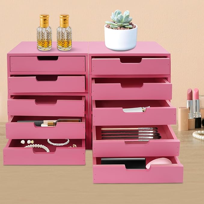 4-piece Drawer Cabinet, Organizer Sorter Container Keeper Unit Storage Box Stackable Chest Divider Shelf System with 10 Drawers & 4 Stackable Units for Home Office Study Room Dorm Bedroom(Pink)