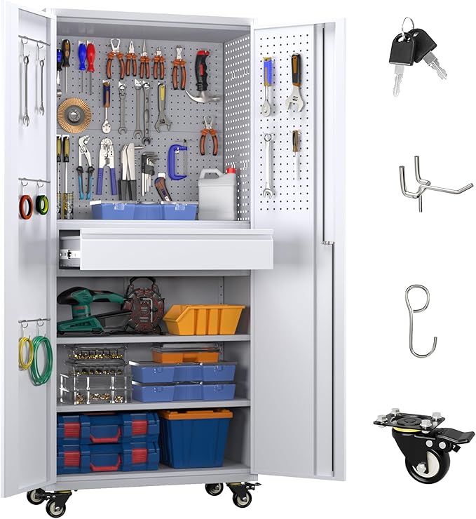 71" H Metal Garage Storage Cabinet with Wheels and Doors,Rolling Tool Cabinet with Pegboard,Rod and Drawer for Garage Warehouse Home,Required Assembly,Grey and White